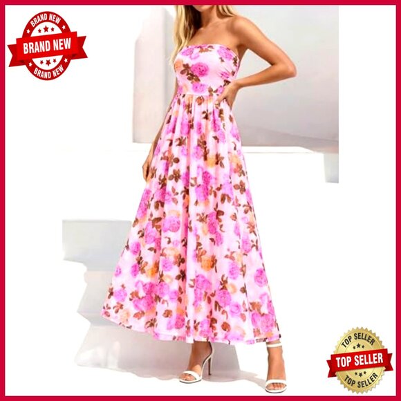 Strapless Maxi Dress Floral Tube Top Ruched Beach Wedding Guest Long - Picture 4 of 7
